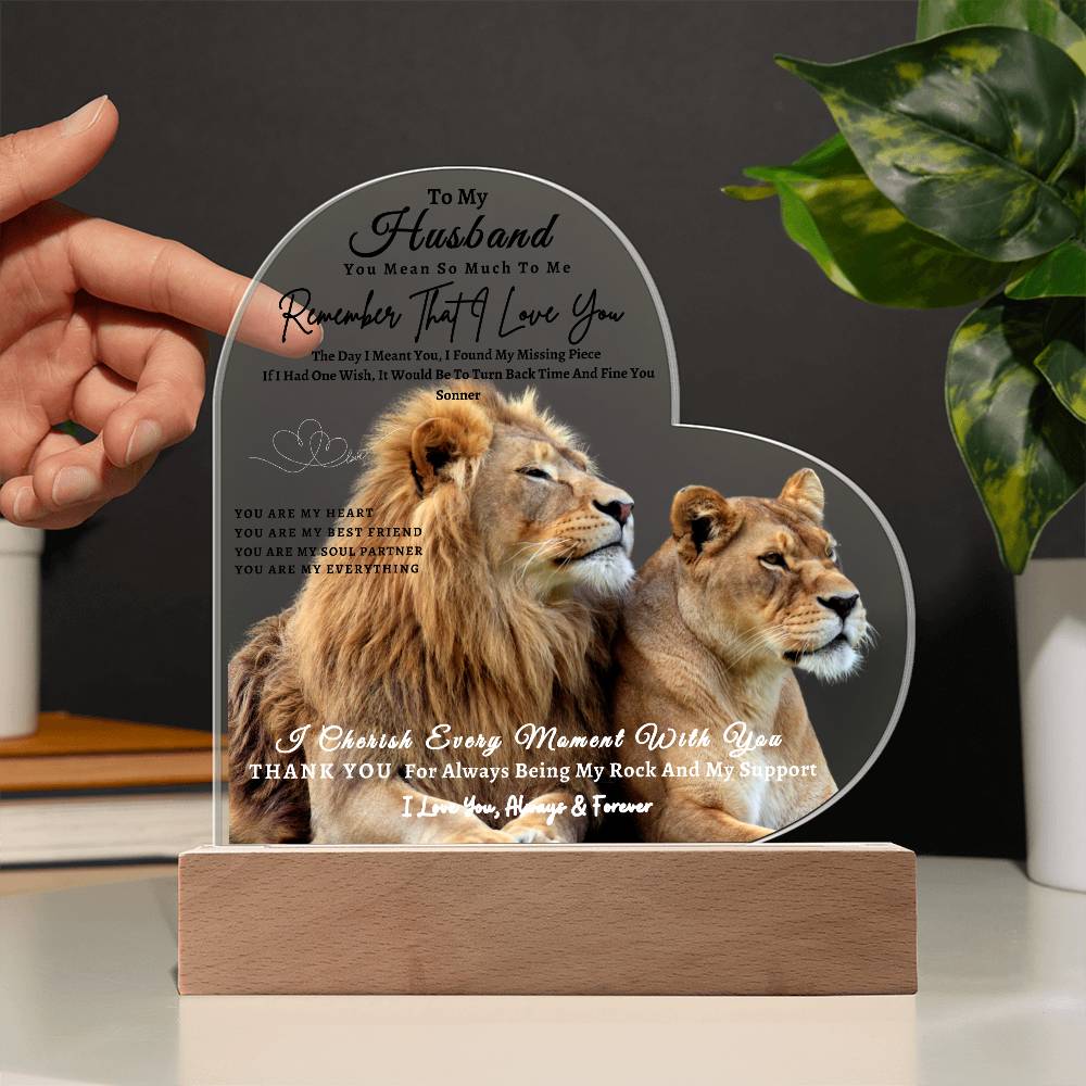 Acrylic Heart LED Plaque - Remember That I Love You -Loving Lion Couple - To My Husband