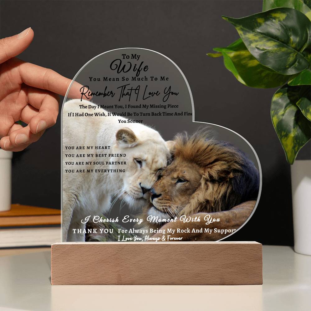 Acrylic Heart LED Plaque - Remember That I Love You -Affectionate Lion Couple - To My Wife