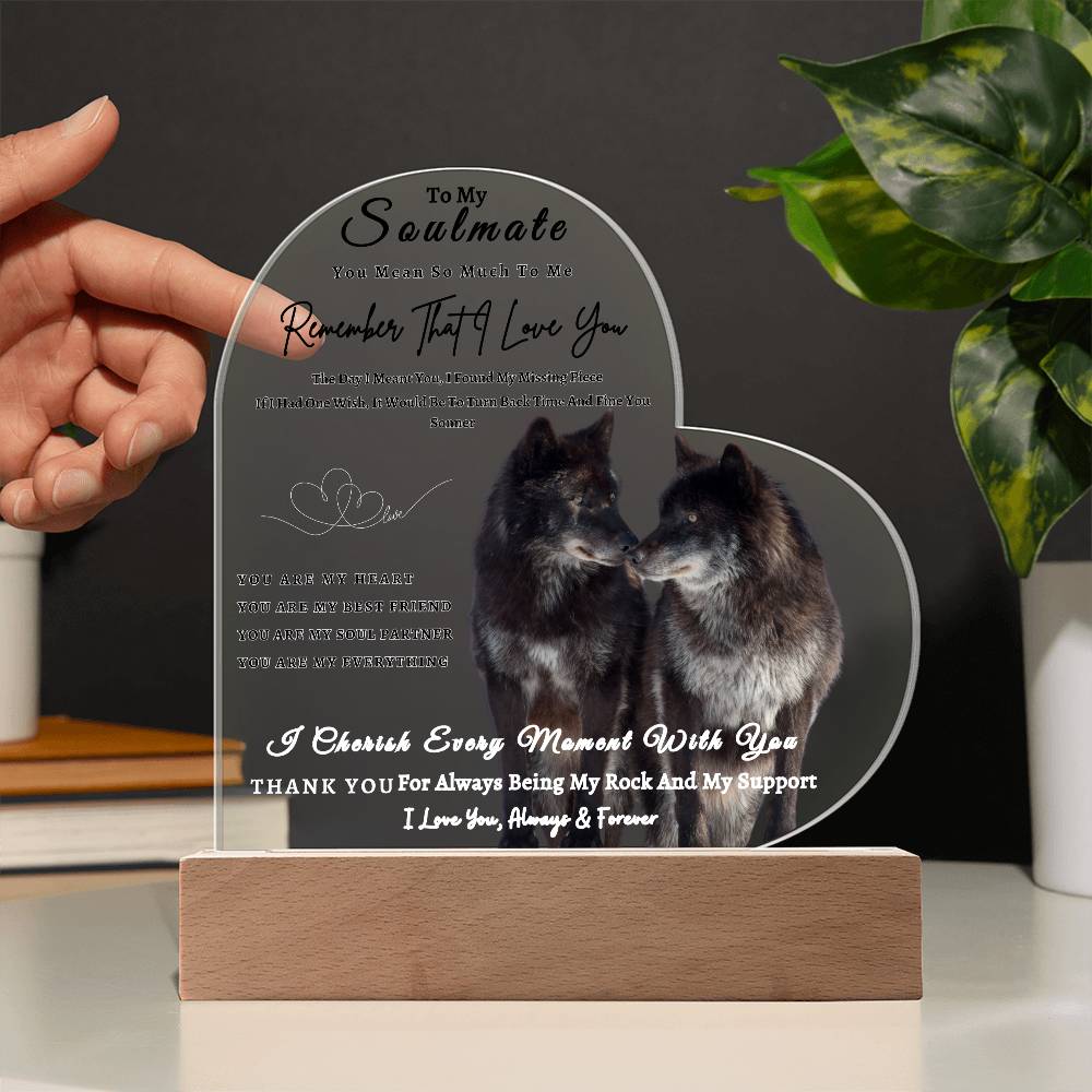 Acrylic Heart LED Plaque - Remember That I Love You - Kissing Wolf Couple - To My Soulmate