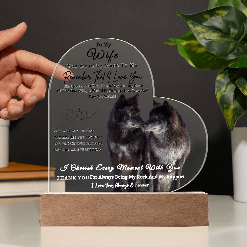 Acrylic Heart LED Plaque - Remember That I Love You - Kissing Wolf Couple - To My Wife