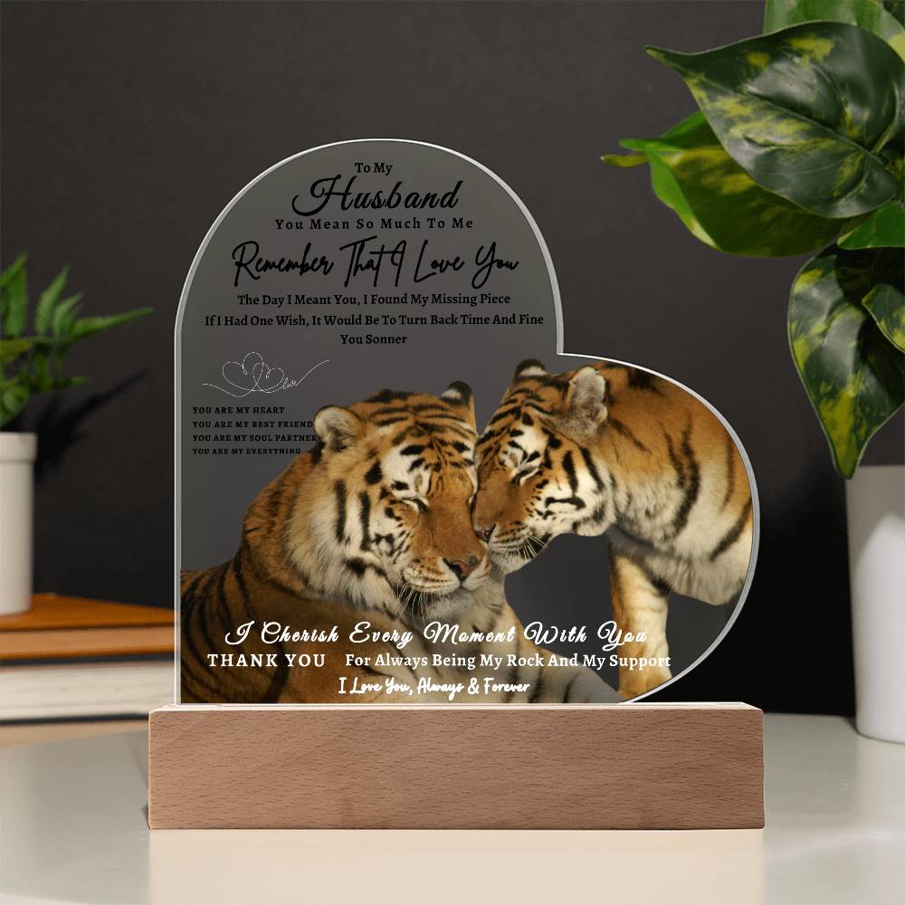 Acrylic Heart LED Plaque - Remember That I Love You -Affectionate Tiger Couple - To My Husband