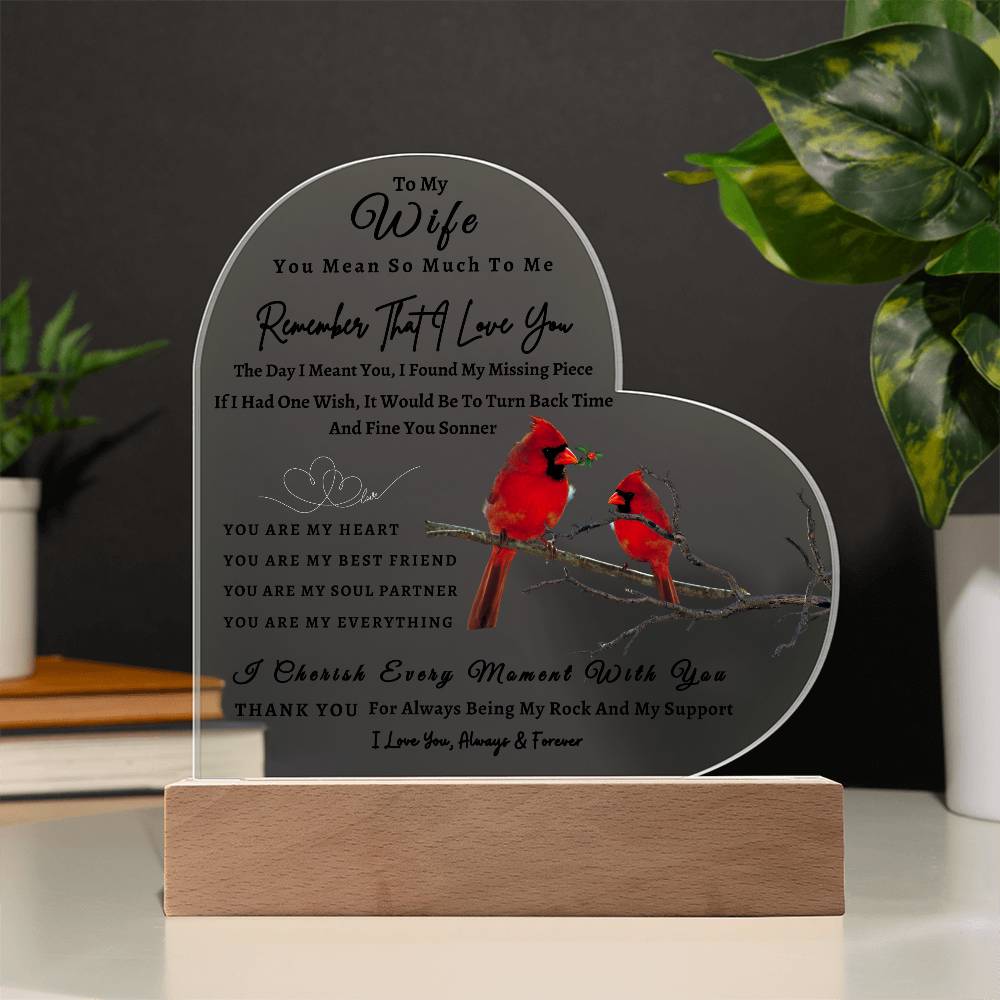 Acrylic Heart LED Plaque - Remember That I Love You - Loving Red Bird Couple - To My Wife