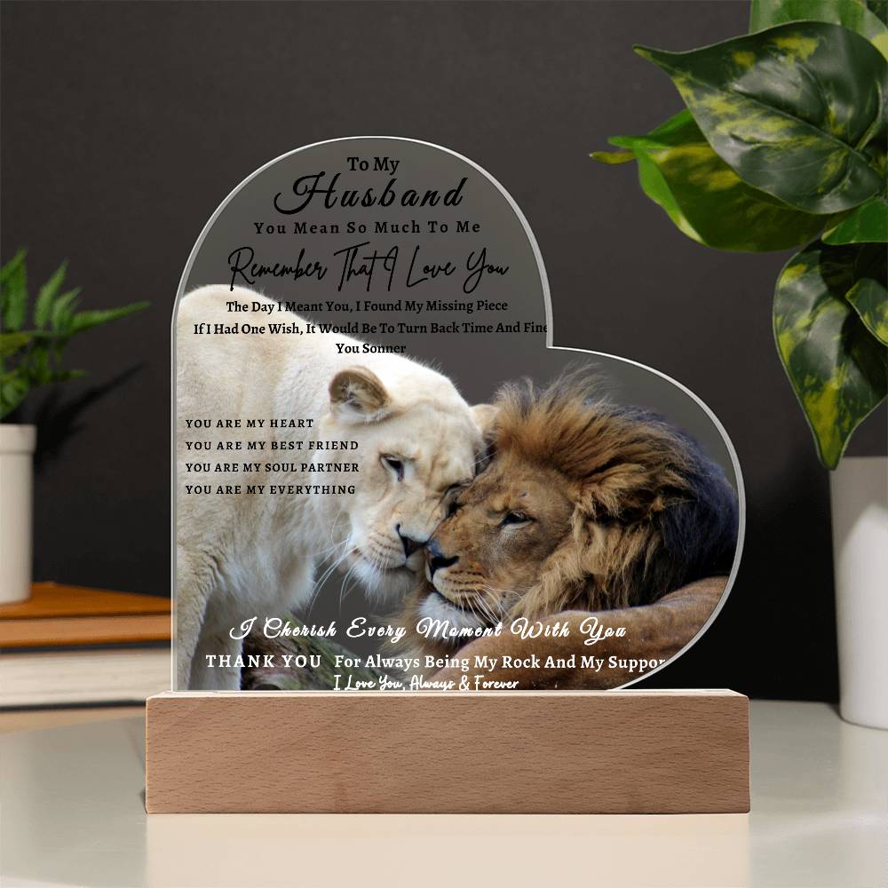 Acrylic Heart LED Plaque - Remember That I Love You -Affectionate Lion Couple - To My Husband