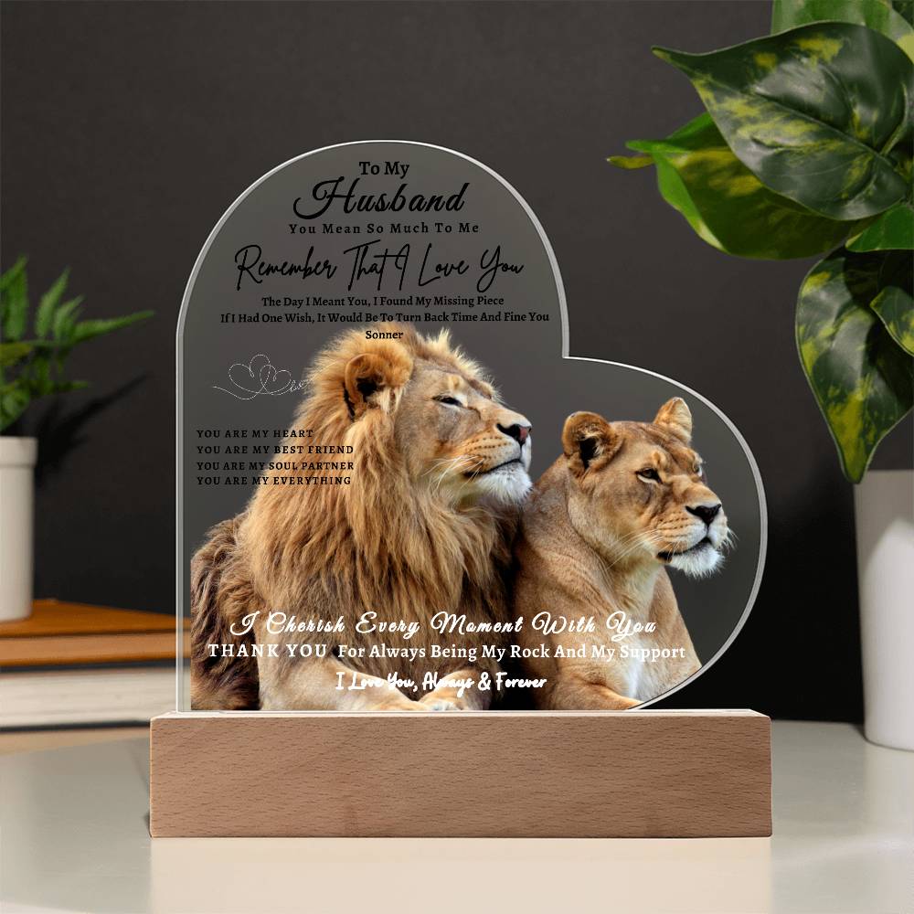 Acrylic Heart LED Plaque - Remember That I Love You -Loving Lion Couple - To My Husband