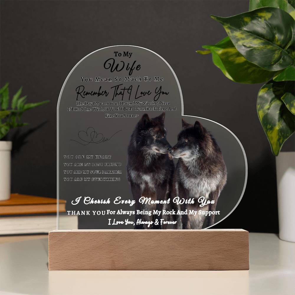 Acrylic Heart LED Plaque - Remember That I Love You - Kissing Wolf Couple - To My Wife