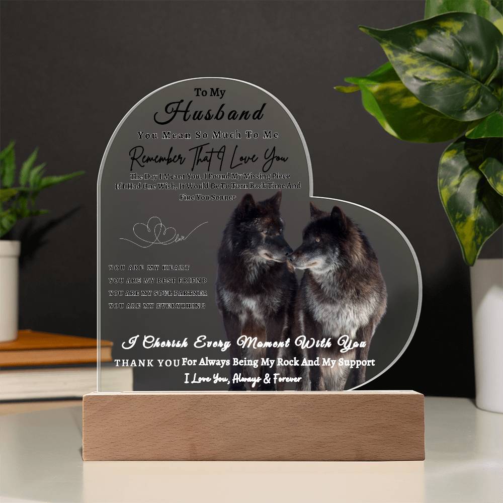 Acrylic Heart LED Plaque - Remember That I Love You - Kissing Wolf Couple - To My Husband