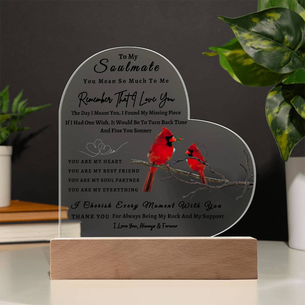 Acrylic Heart LED Plaque - Remember That I Love You - Loving Red Bird Couple - To My Soulmate