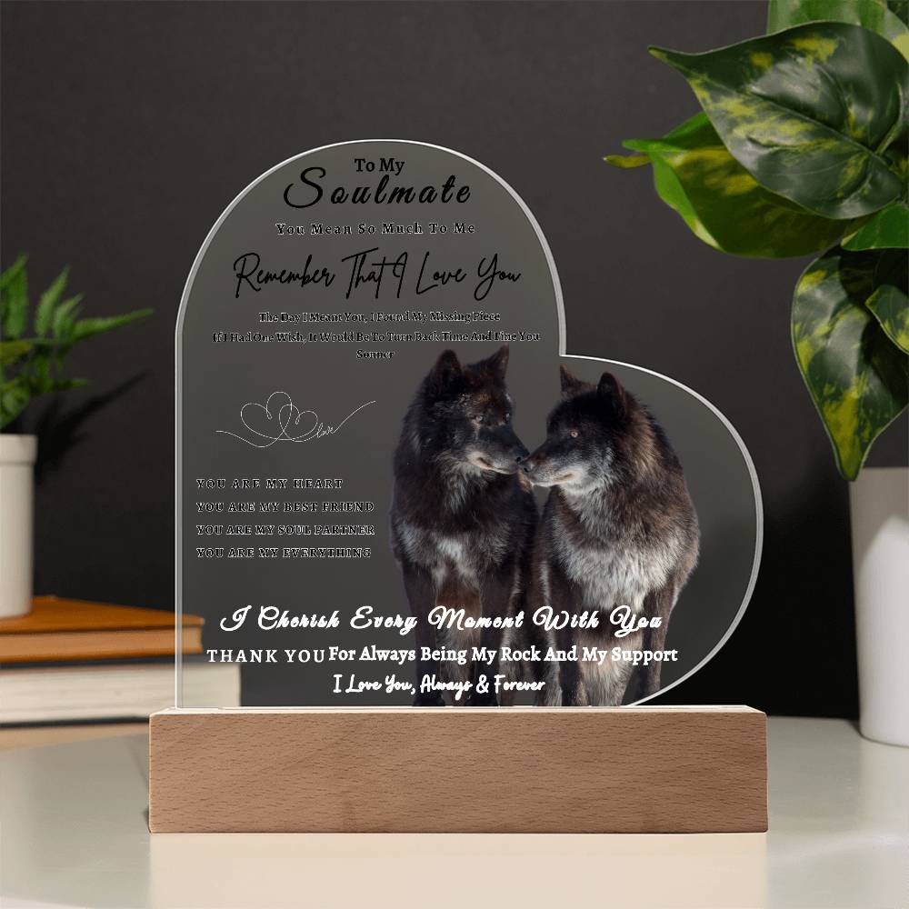 Acrylic Heart LED Plaque - Remember That I Love You - Kissing Wolf Couple - To My Soulmate