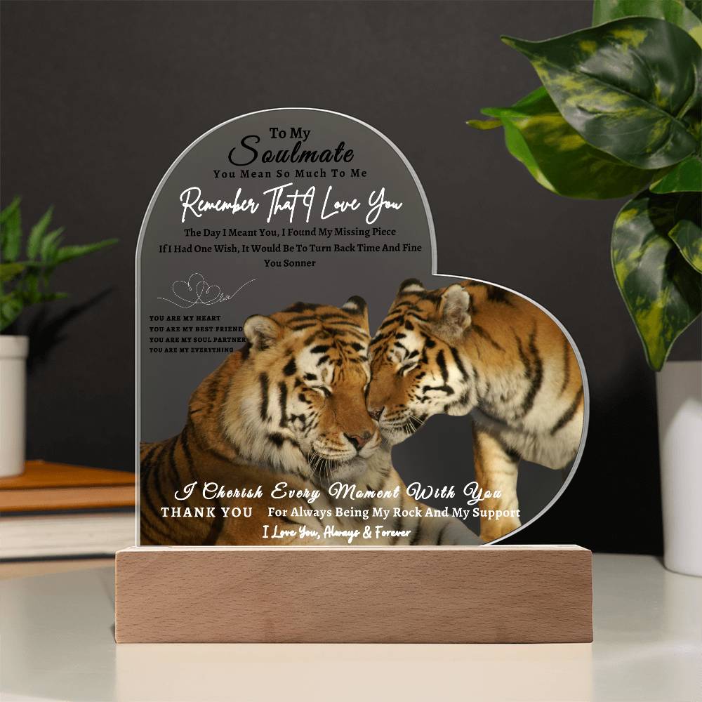 Acrylic Heart LED Plaque - Remember That I Love You -Affectionate Tiger Couple - To My Soulmate