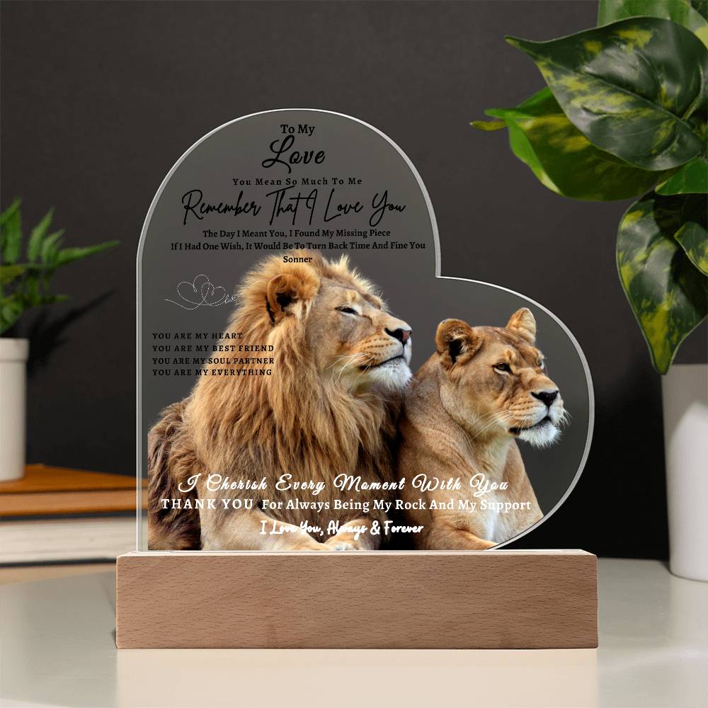 Acrylic Heart LED Plaque - Remember That I Love You -Loving Lion Couple - To My Love