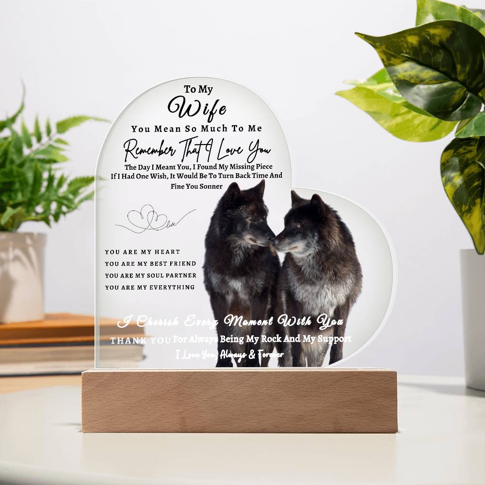 Acrylic Heart LED Plaque - Remember That I Love You - Kissing Wolf Couple - To My Wife