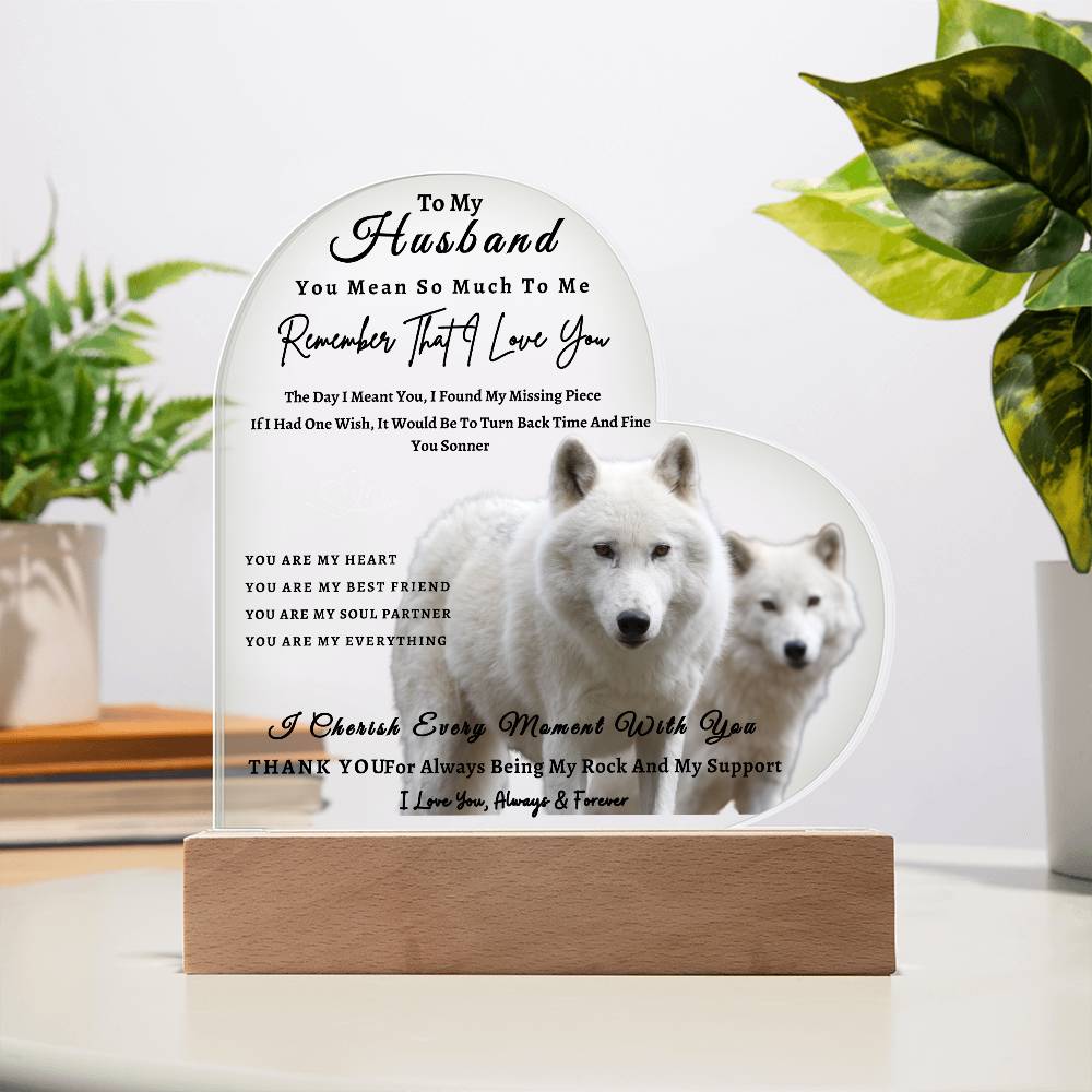 Acrylic Heart LED Plaque - Remember That I Love You -Loving Wolf Couple - To My Husband