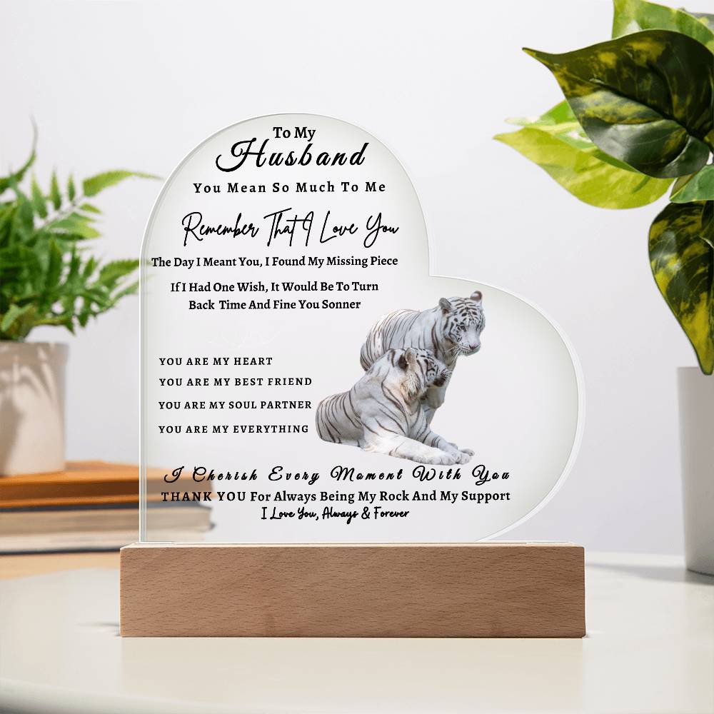 Acrylic Heart LED Plaque - Remember That I Love You -Loving Tiger Couple - To My Husband