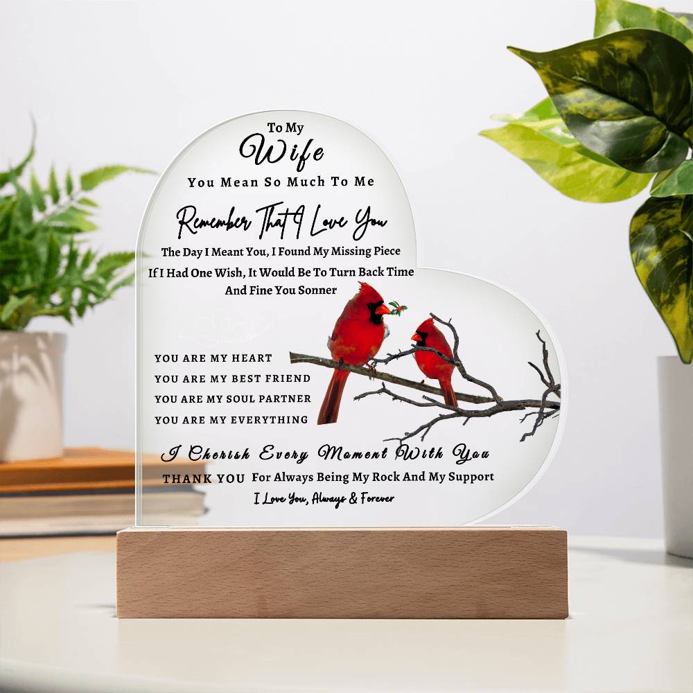 Acrylic Heart LED Plaque - Remember That I Love You - Loving Red Bird Couple - To My Wife