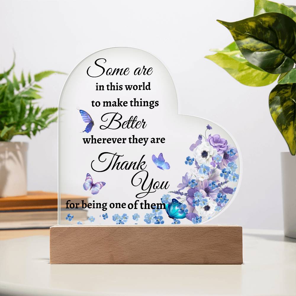 Acrylic Heart LED Plaque - Thank You - purple flowers