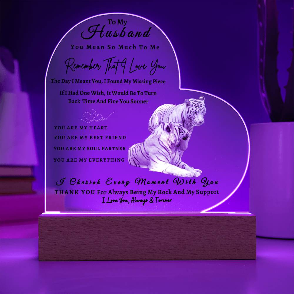 Acrylic Heart LED Plaque - Remember That I Love You -Loving Tiger Couple - To My Husband