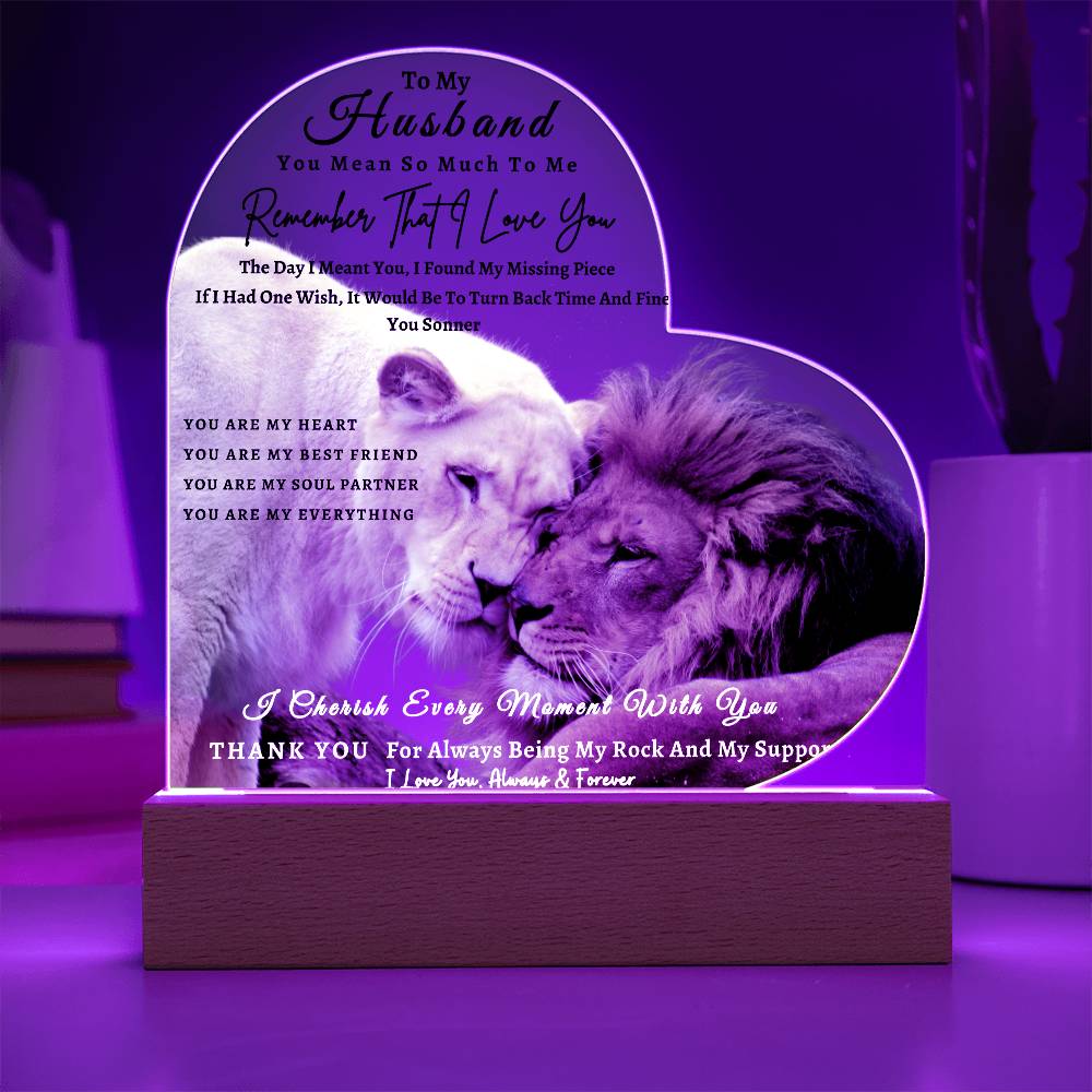 Acrylic Heart LED Plaque - Remember That I Love You -Affectionate Lion Couple - To My Husband