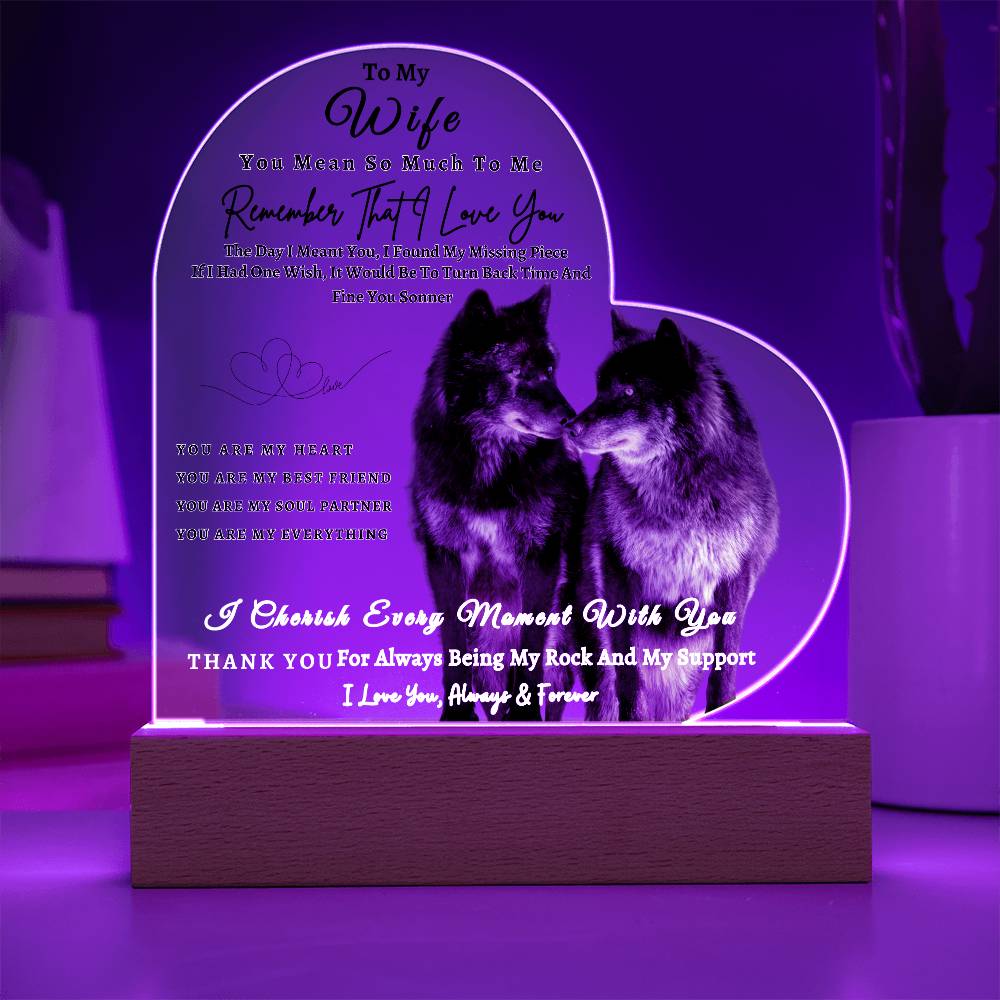 Acrylic Heart LED Plaque - Remember That I Love You - Kissing Wolf Couple - To My Wife