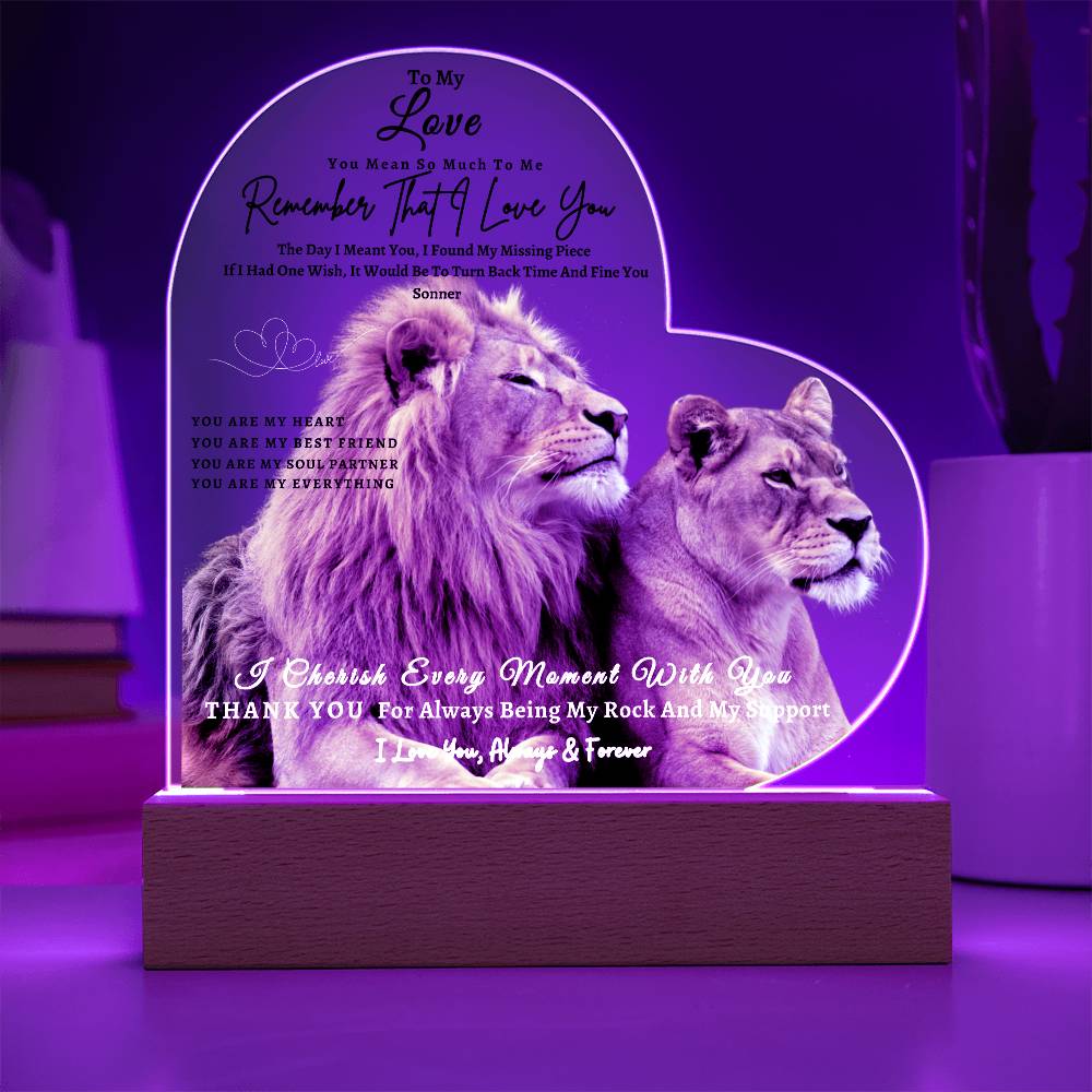 Acrylic Heart LED Plaque - Remember That I Love You -Loving Lion Couple - To My Love