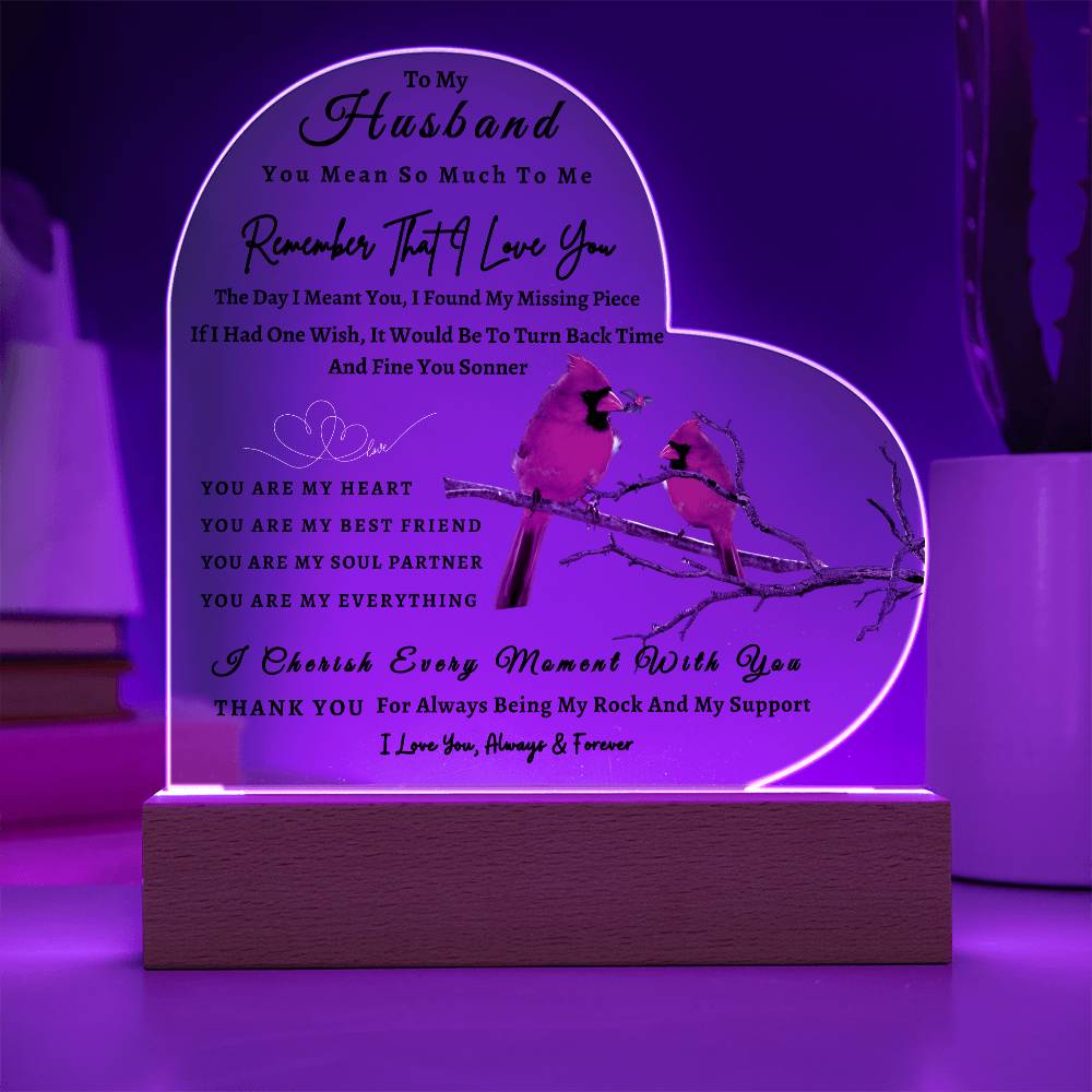 Acrylic Heart LED Plaque - Remember That I Love You - Loving Red Bird Couple - To My Husband