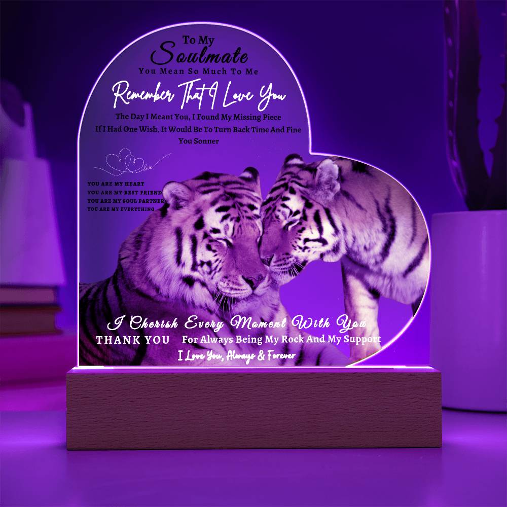 Acrylic Heart LED Plaque - Remember That I Love You -Affectionate Tiger Couple - To My Soulmate