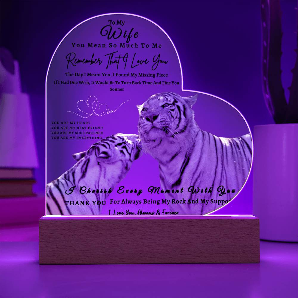 Acrylic Heart LED Plaque - Remember That I Love You -Kissing Tiger Couple - To My Wife