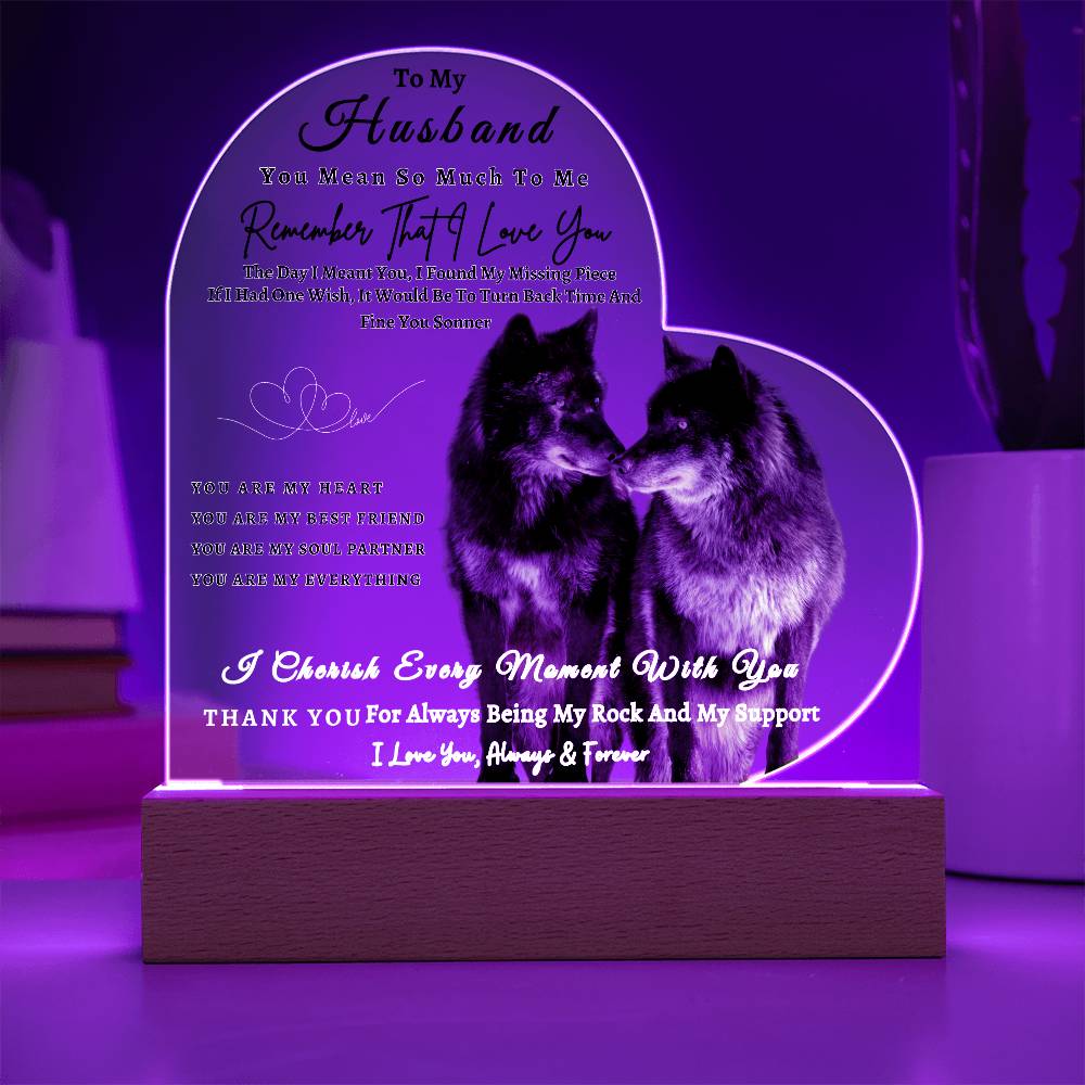 Acrylic Heart LED Plaque - Remember That I Love You - Kissing Wolf Couple - To My Husband