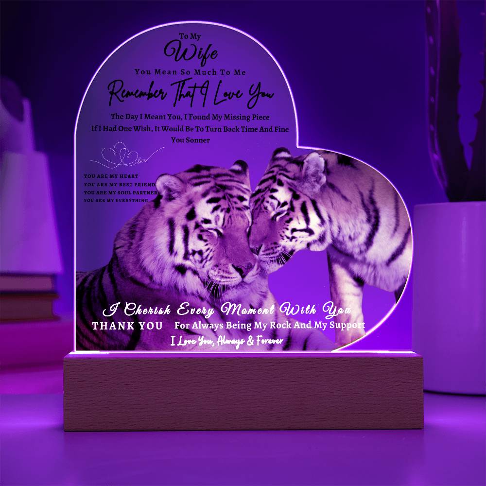 Acrylic Heart LED Plaque - Remember That I Love You -Affectionate Tiger Couple - To My Wife