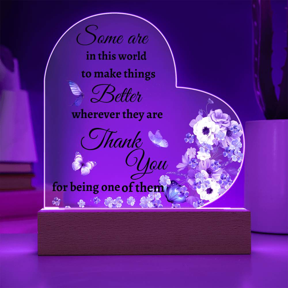 Acrylic Heart LED Plaque - Thank You - purple flowers