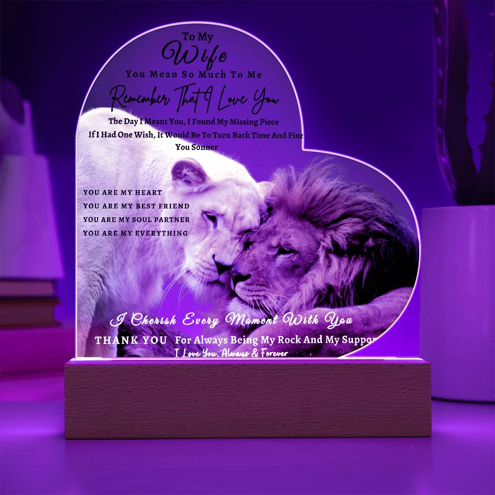 Acrylic Heart LED Plaque - Remember That I Love You -Affectionate Lion Couple - To My Wife