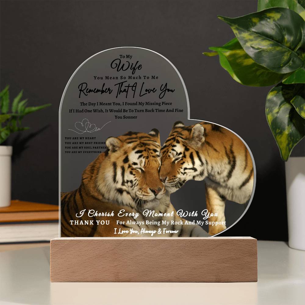 Acrylic Heart LED Plaque - Remember That I Love You -Affectionate Tiger Couple - To My Wife