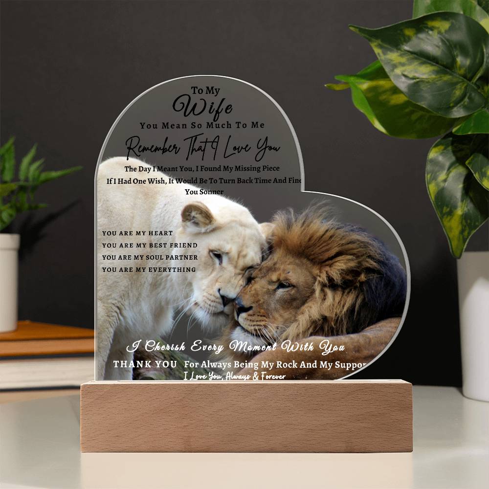 Acrylic Heart LED Plaque - Remember That I Love You -Affectionate Lion Couple - To My Wife