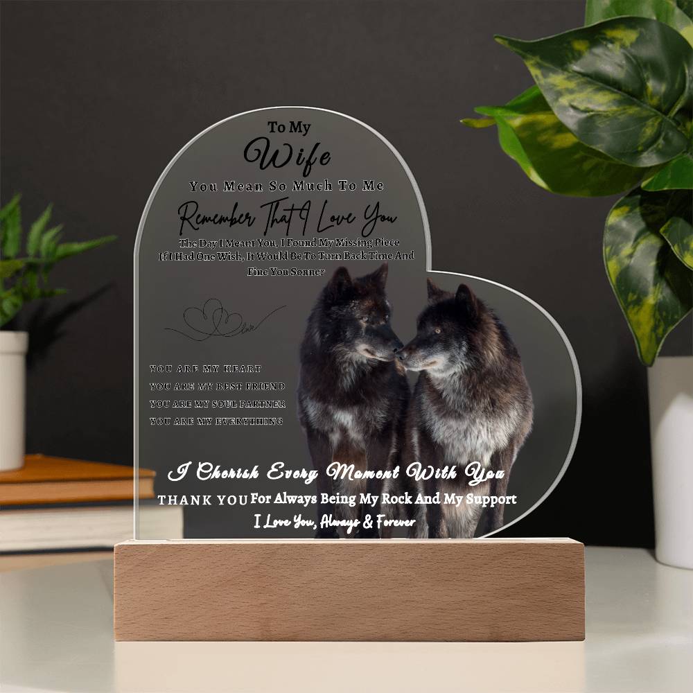 Acrylic Heart LED Plaque - Remember That I Love You - Kissing Wolf Couple - To My Wife