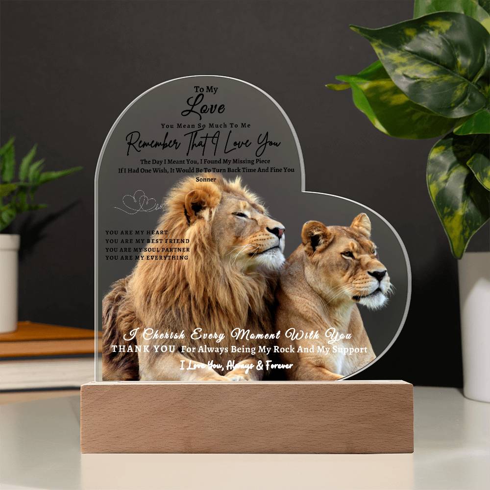 Acrylic Heart LED Plaque - Remember That I Love You -Loving Lion Couple - To My Love