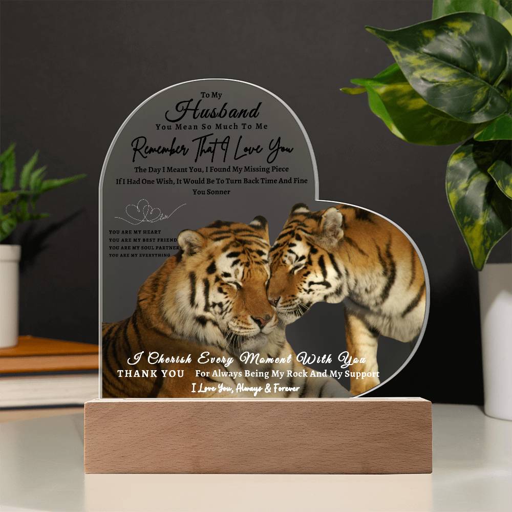 Acrylic Heart LED Plaque - Remember That I Love You -Affectionate Tiger Couple - To My Husband