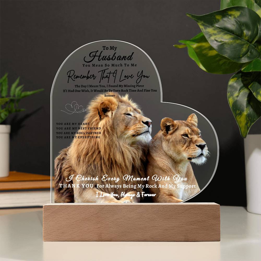 Acrylic Heart LED Plaque - Remember That I Love You -Loving Lion Couple - To My Husband