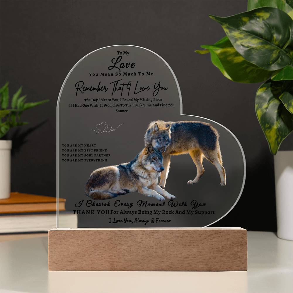 Acrylic Heart LED Plaque - Remember That I Love You - Affectionate Wolf Couple - To My Love