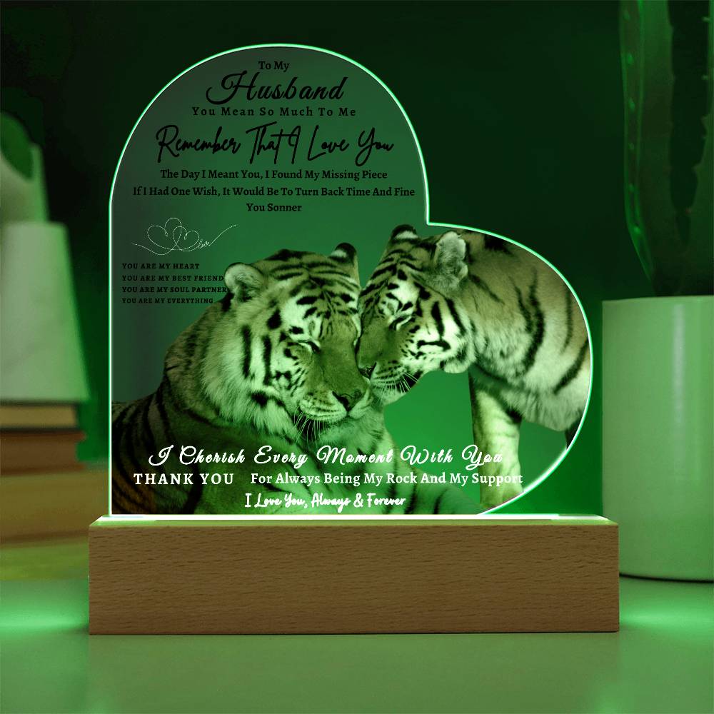 Acrylic Heart LED Plaque - Remember That I Love You -Affectionate Tiger Couple - To My Husband