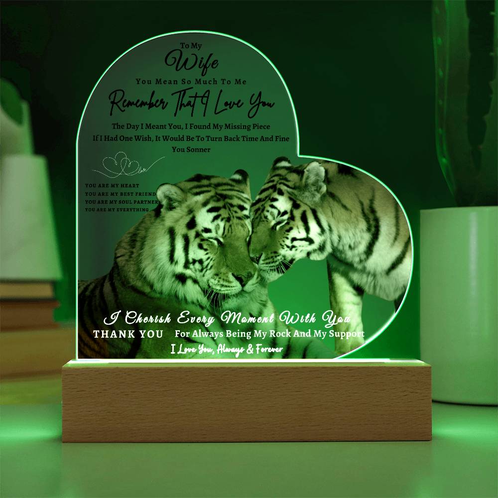 Acrylic Heart LED Plaque - Remember That I Love You -Affectionate Tiger Couple - To My Wife