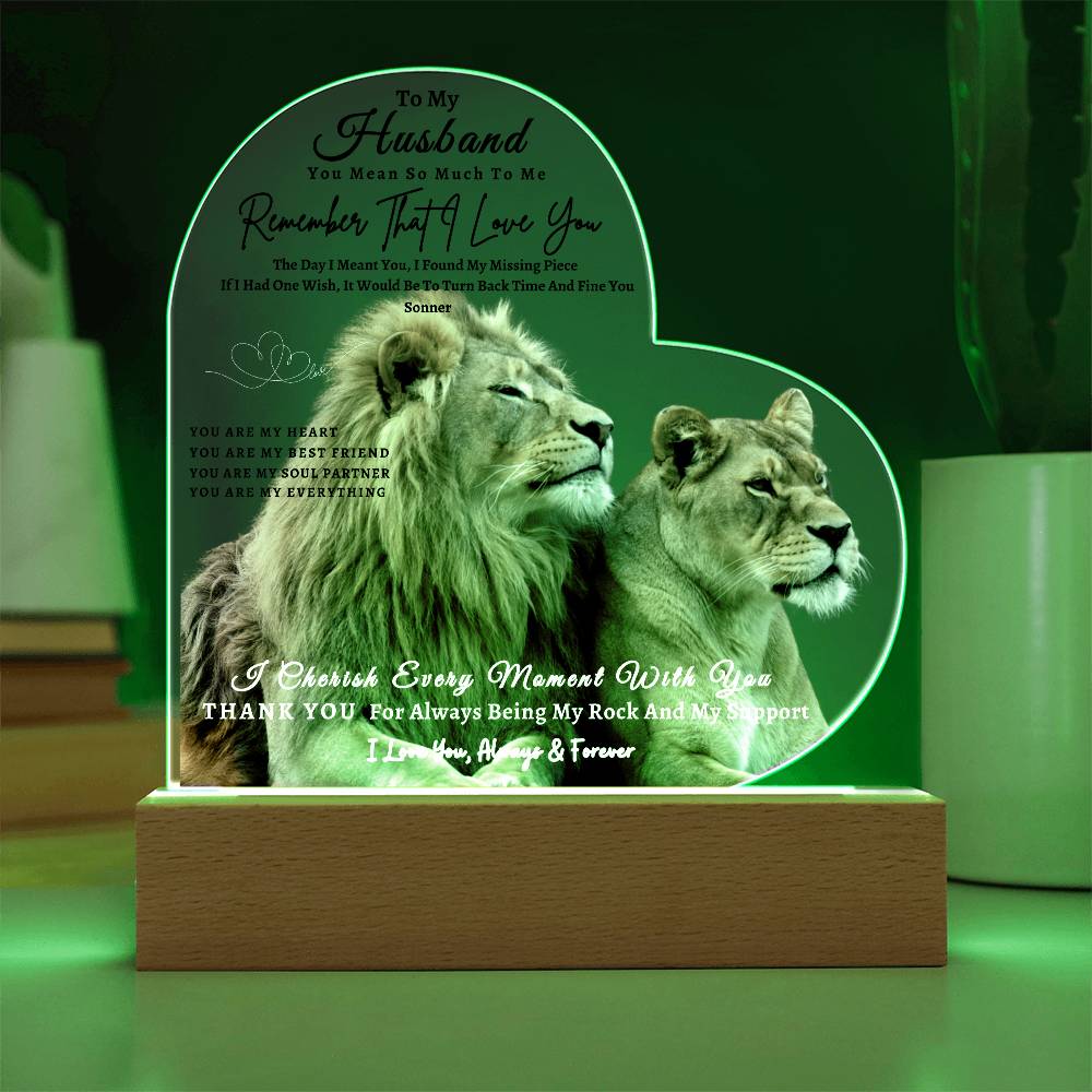 Acrylic Heart LED Plaque - Remember That I Love You -Loving Lion Couple - To My Husband