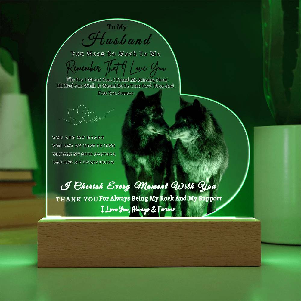 Acrylic Heart LED Plaque - Remember That I Love You - Kissing Wolf Couple - To My Husband