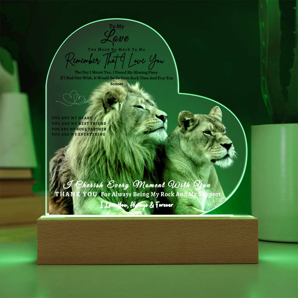 Acrylic Heart LED Plaque - Remember That I Love You -Loving Lion Couple - To My Love