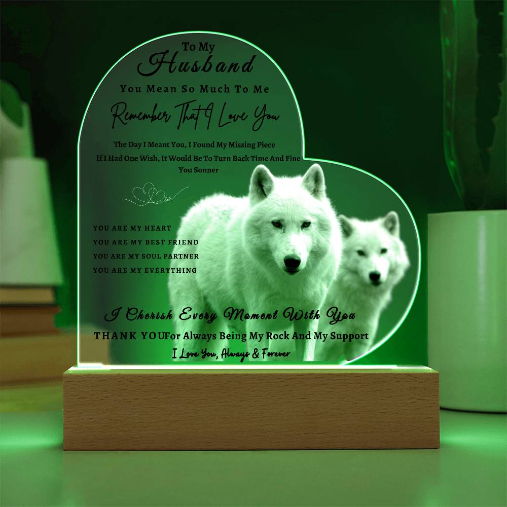 Acrylic Heart LED Plaque - Remember That I Love You -Loving Wolf Couple - To My Husband