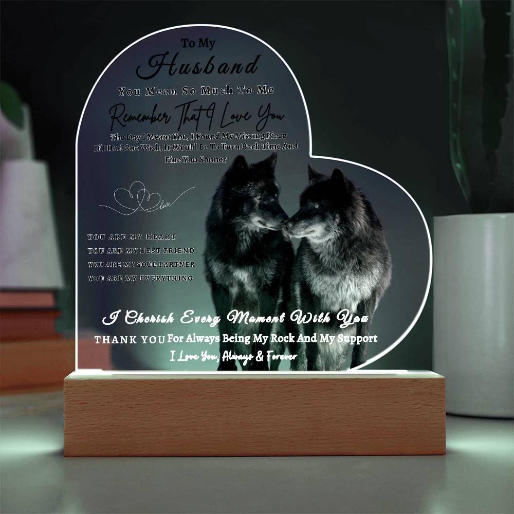 Acrylic Heart LED Plaque - Remember That I Love You - Kissing Wolf Couple - To My Husband