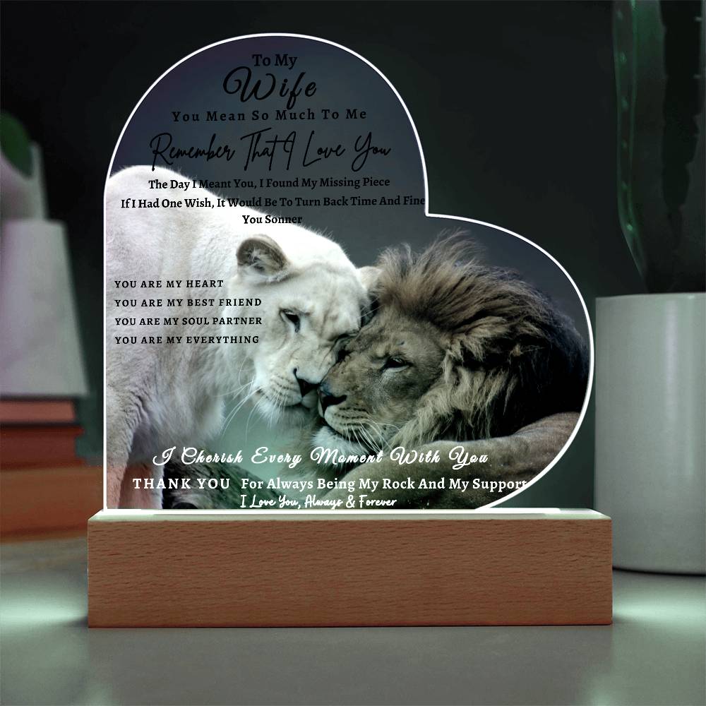 Acrylic Heart LED Plaque - Remember That I Love You -Affectionate Lion Couple - To My Wife