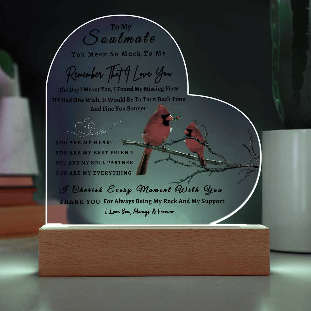 Acrylic Heart LED Plaque - Remember That I Love You - Loving Red Bird Couple - To My Soulmate