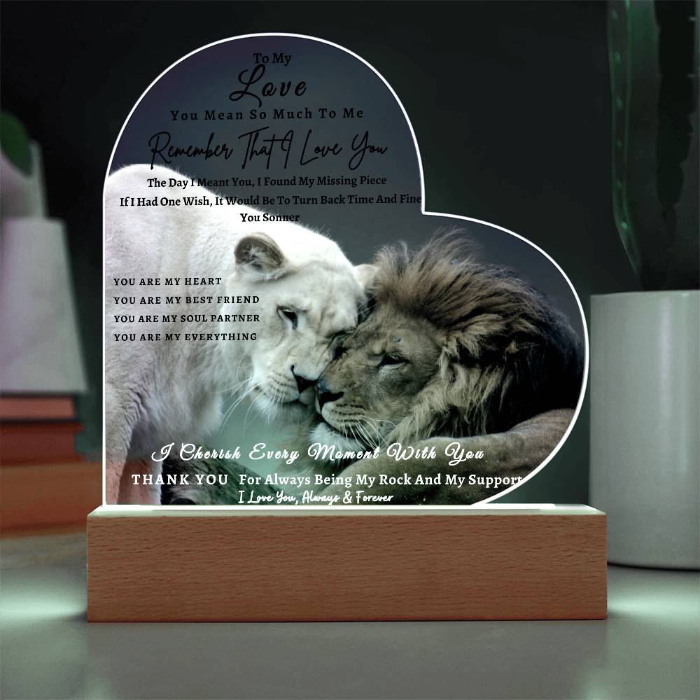 Acrylic Heart LED Plaque - Remember That I Love You -Affectionate Lion Couple - To My Love