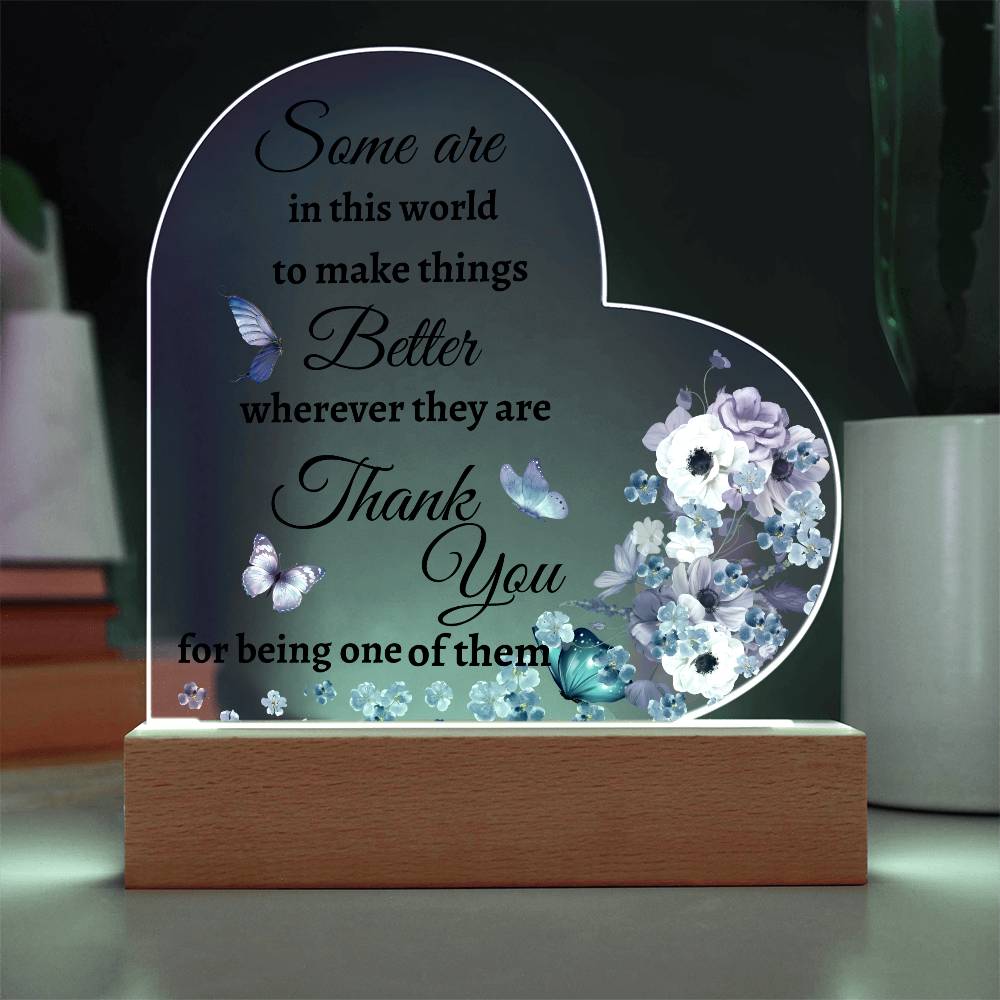 Acrylic Heart LED Plaque - Thank You - purple flowers