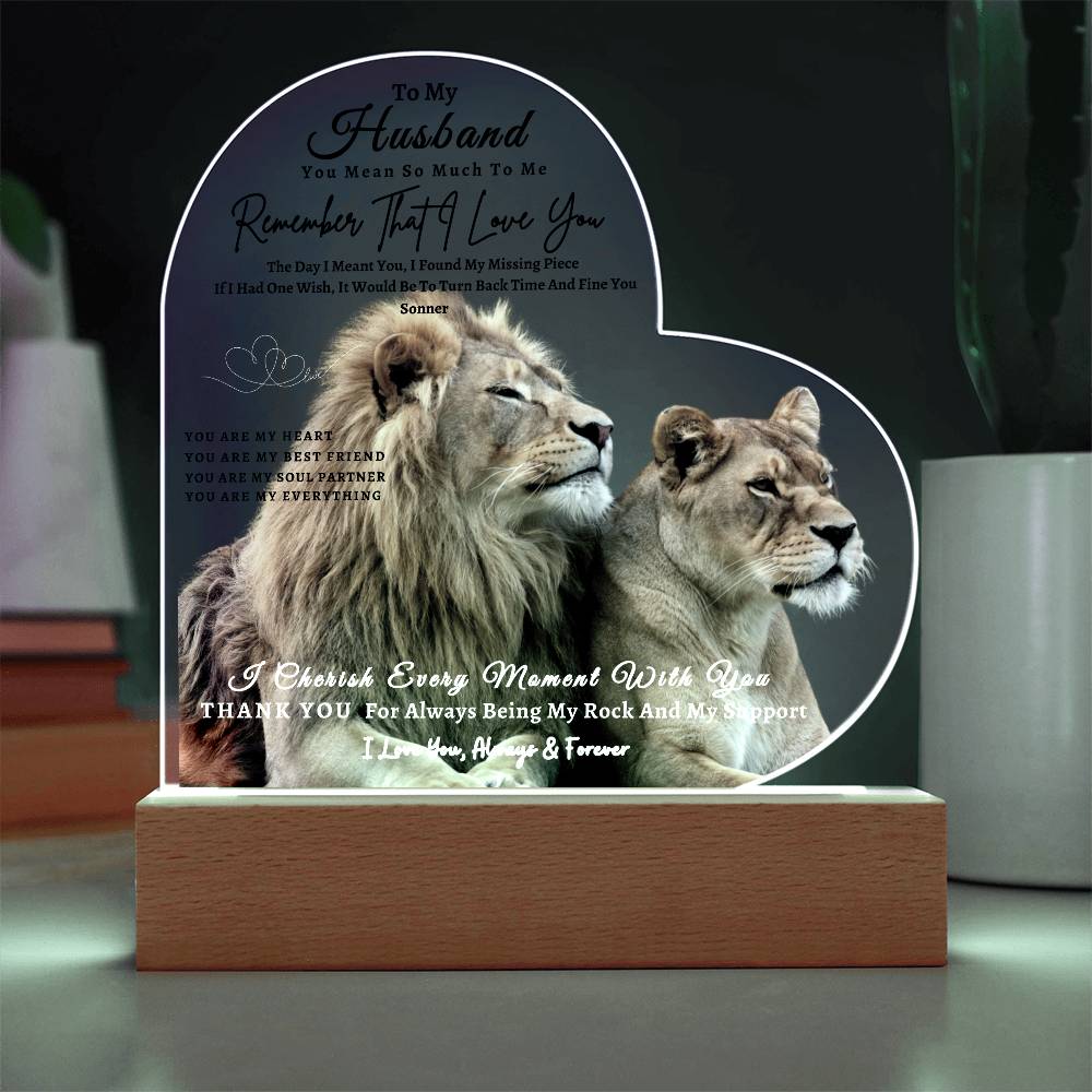 Acrylic Heart LED Plaque - Remember That I Love You -Loving Lion Couple - To My Husband