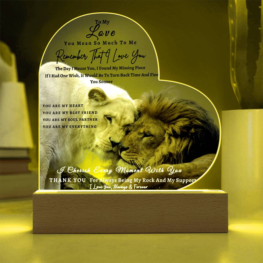 Acrylic Heart LED Plaque - Remember That I Love You -Affectionate Lion Couple - To My Love